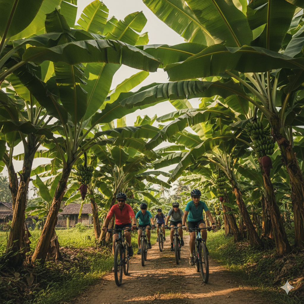 Travelers cycling through lush banana plantations during a cultural experience in Tanzania.
