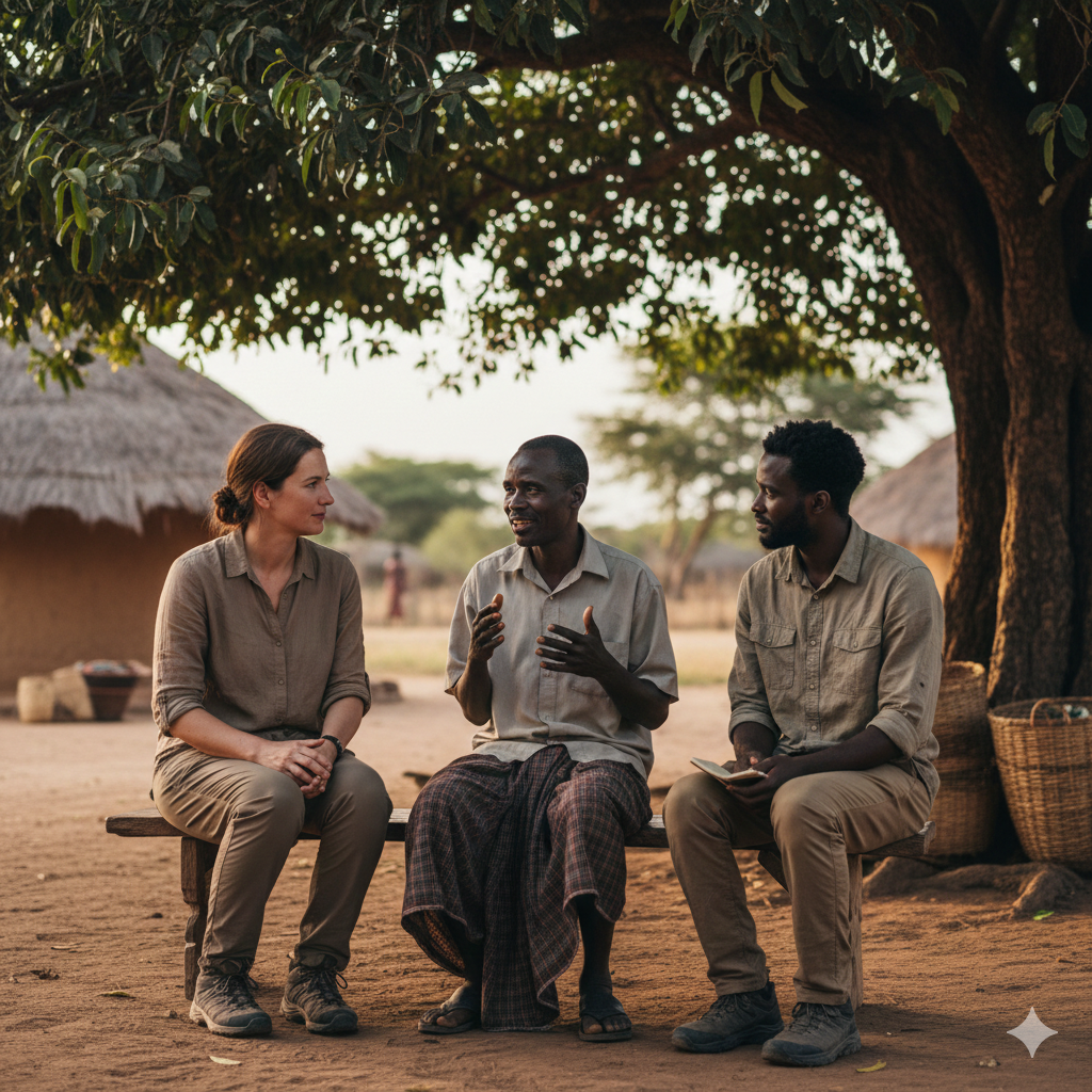 Local Tanzanian guide sharing cultural knowledge with travelers during a respectful cultural immersion experience