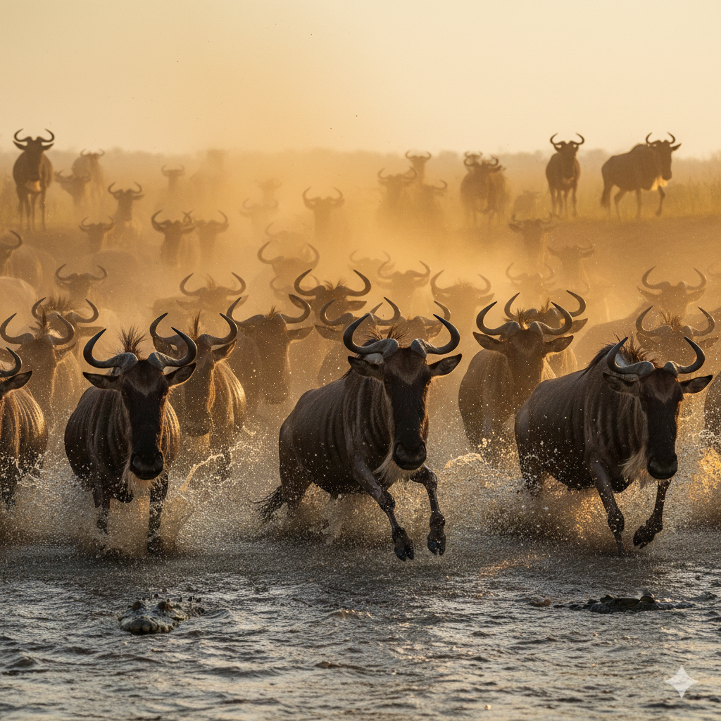 Wildebeest crossing the Mara River during the Great Migration with water splashing and dust rising around the herd