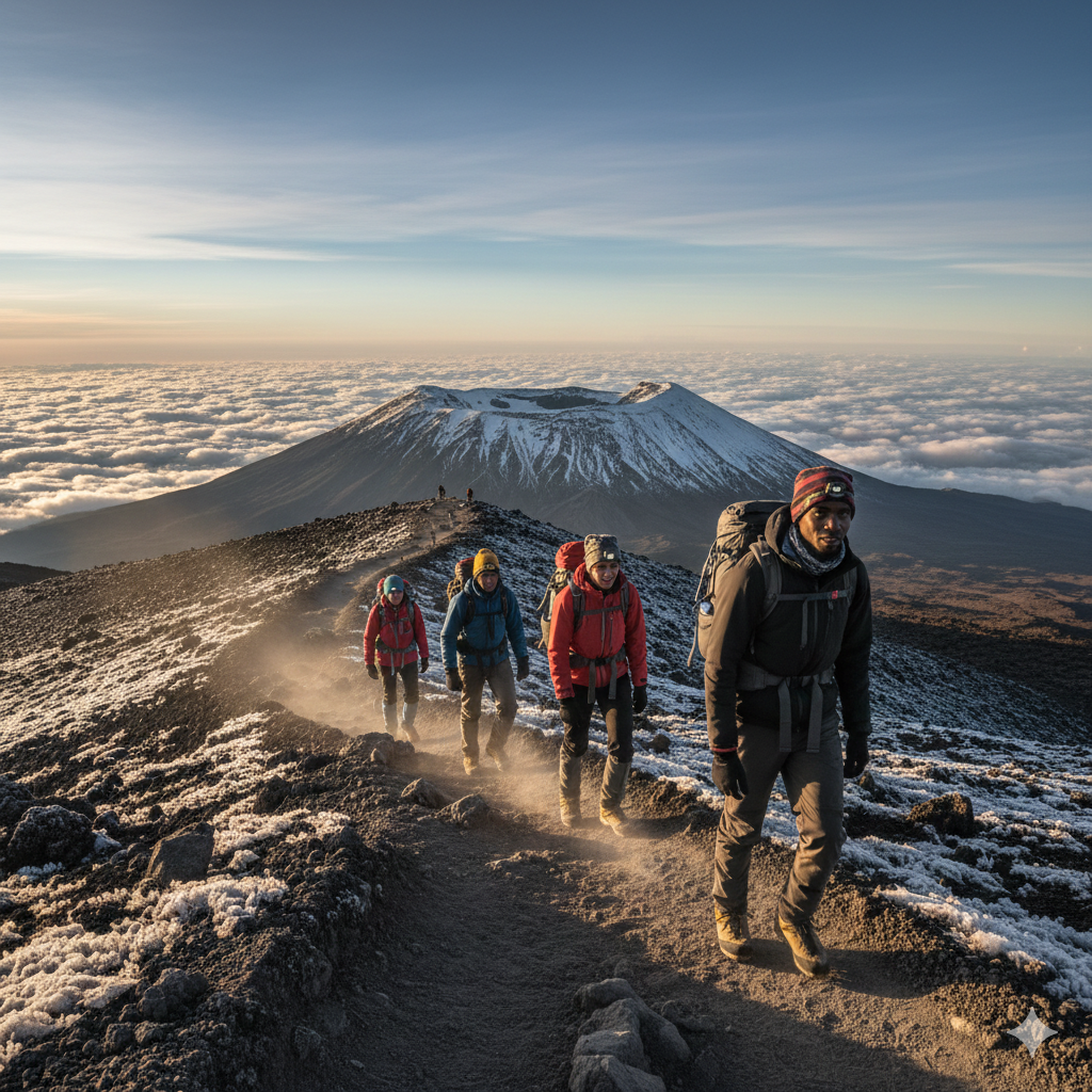 Mountain trekking expedition on Mount Kilimanjaro with climbers ascending above the clouds in Tanzania