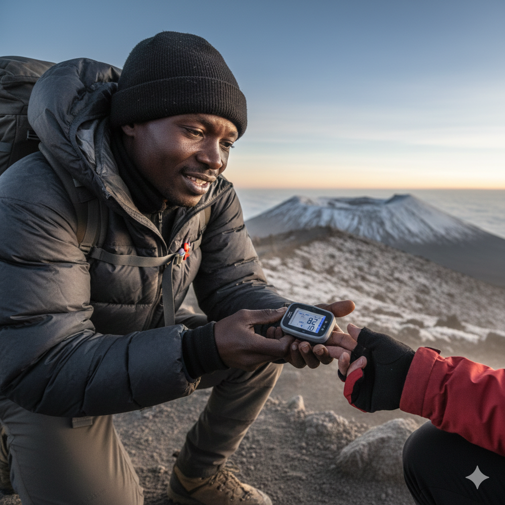 Lead mountain guide checking a climber’s oxygen levels with a pulse oximeter during a Mount Kilimanjaro trek