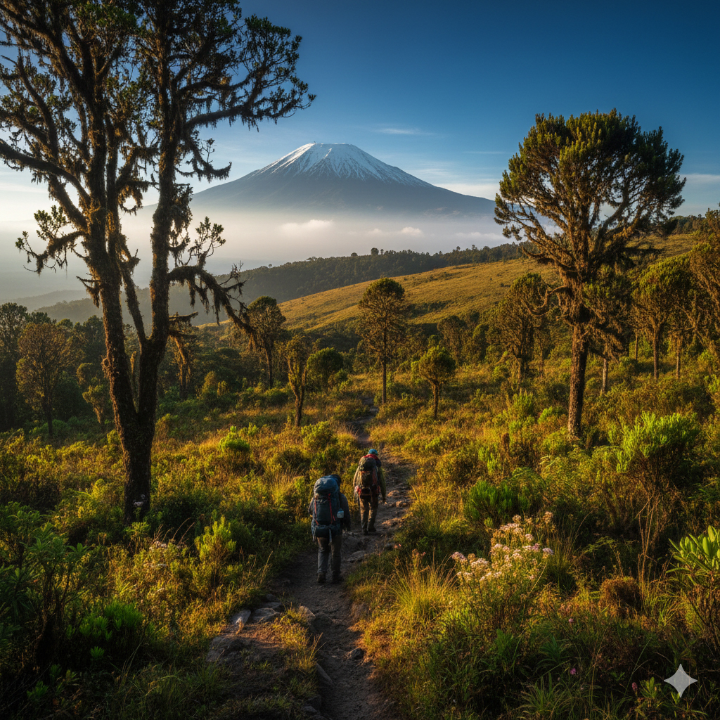 Lemosho Route on Mount Kilimanjaro with trekkers crossing open highland terrain under wide skies