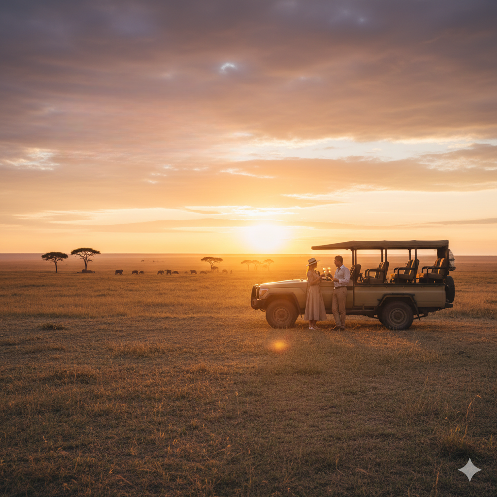 Luxury private safari experience in Tanzania with a couple enjoying sunset views from a safari vehicle.