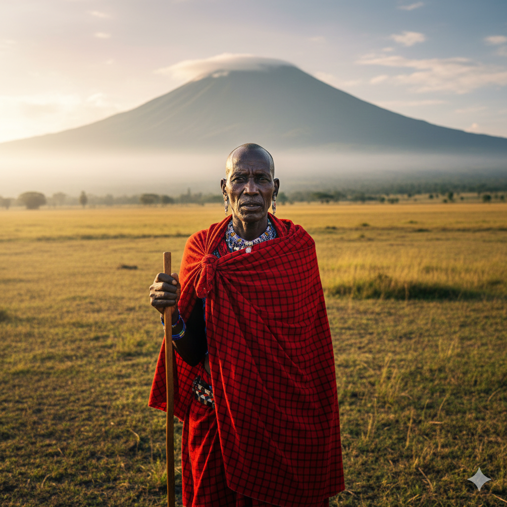 scenic-travel-gurus-maasai-elder-mount-meru-cultural-portrait Maasai elder in traditional attire standing on the Arusha plains with Mount Meru in the background at sunrise