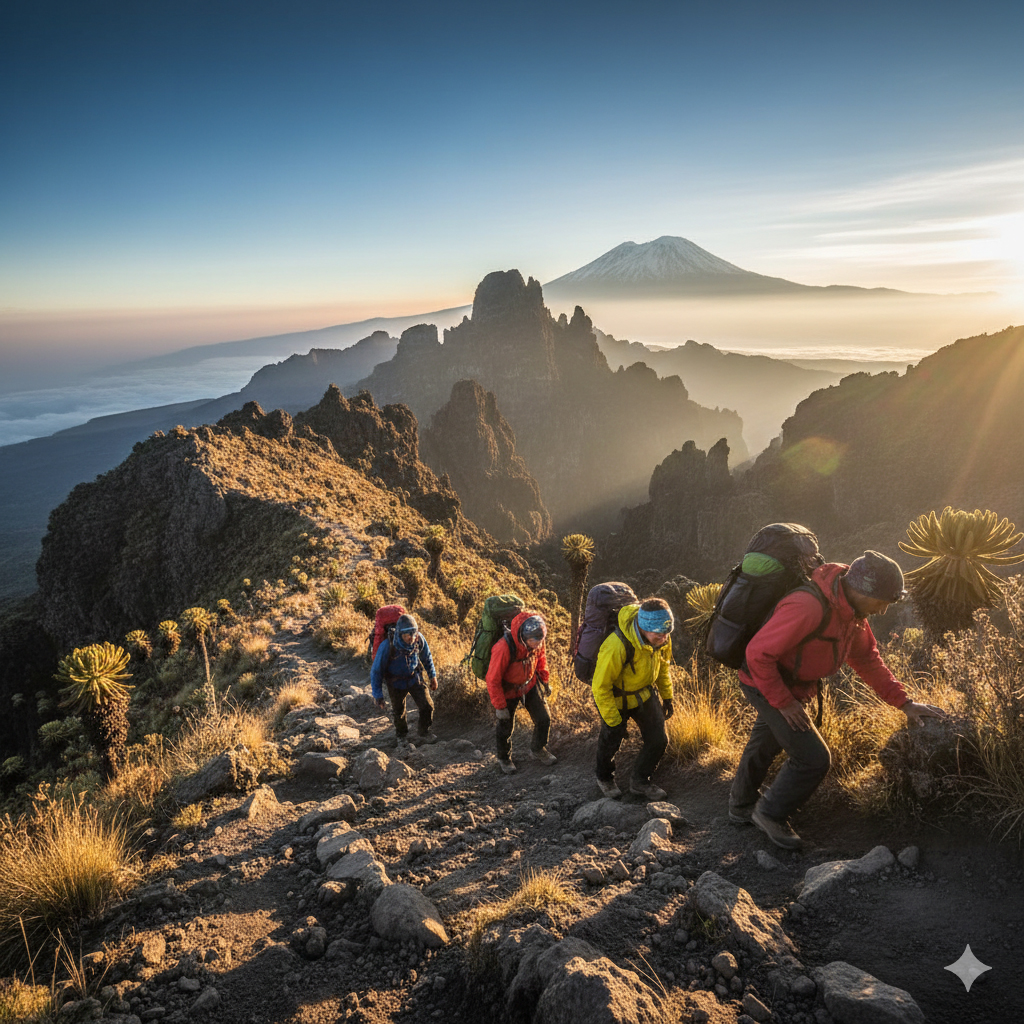 Machame Route on Mount Kilimanjaro featuring climbers trekking along a scenic mountain ridge