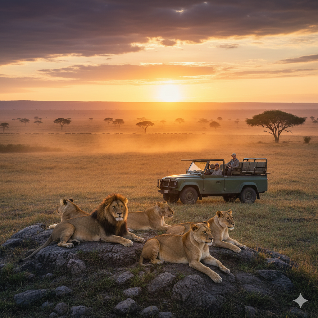 Safari vehicle on the Serengeti plains at sunset with lions in the foreground during golden hour in Tanzania.