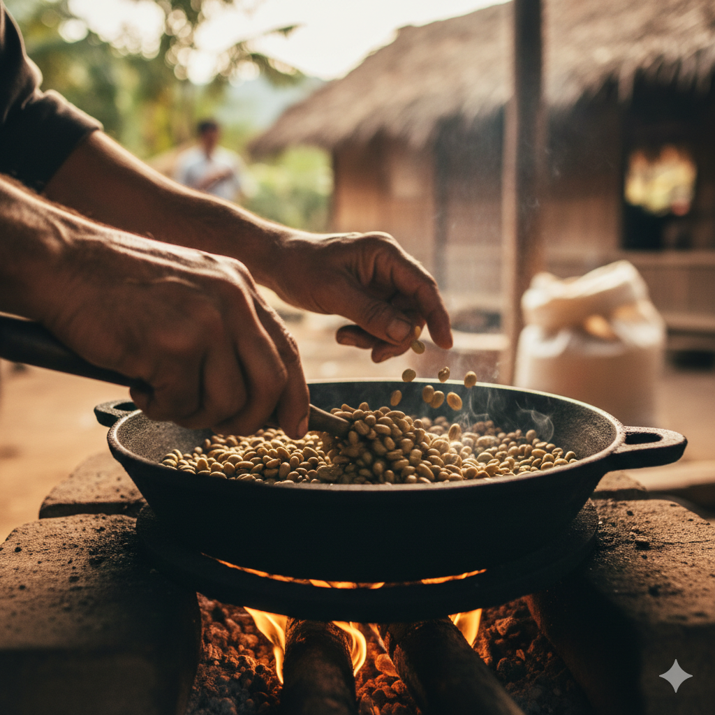 Close-up of hands roasting coffee beans during a traditional cultural experience in Tanzania
