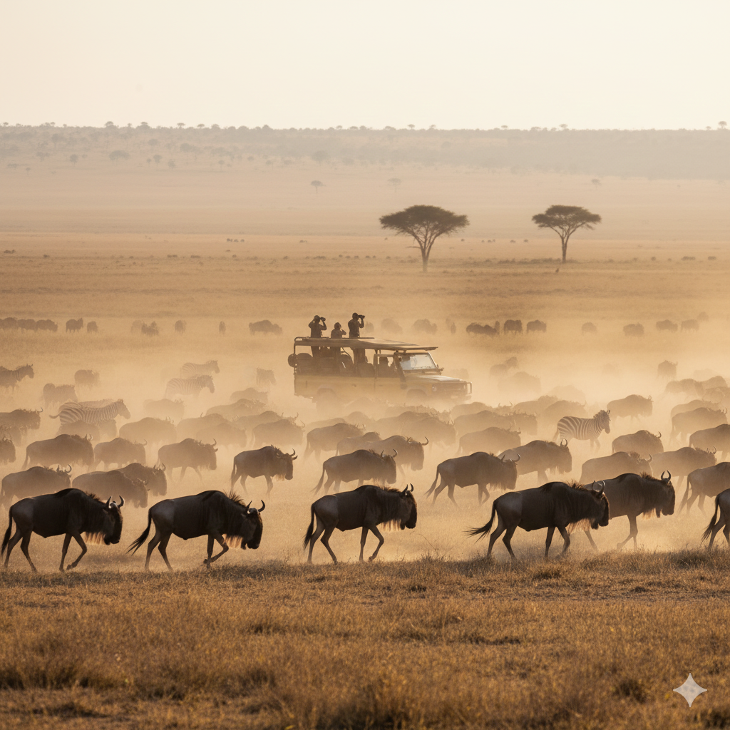 scenic-travel-gurus-wildlife-safari-serengeti Wildlife safari in the Serengeti showing migrating wildebeest and zebra during golden hour in Tanzania
