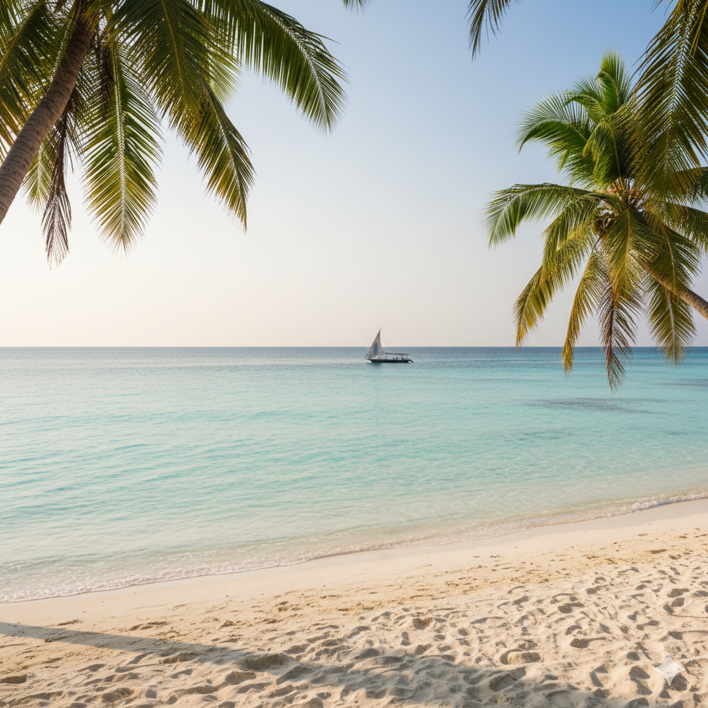 scenic-travel-gurus-zanzibar-beach-island Zanzibar island beach with white sand, turquoise ocean waters, and a traditional dhow boat