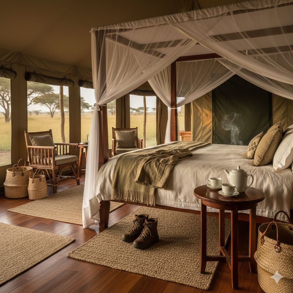 An elegant luxury safari tent interior in Tanzania featuring a mahogany canopy bed with flowing white mosquito netting, a steaming tea set on a wooden side table, and a view of the golden Serengeti plains at sunrise.