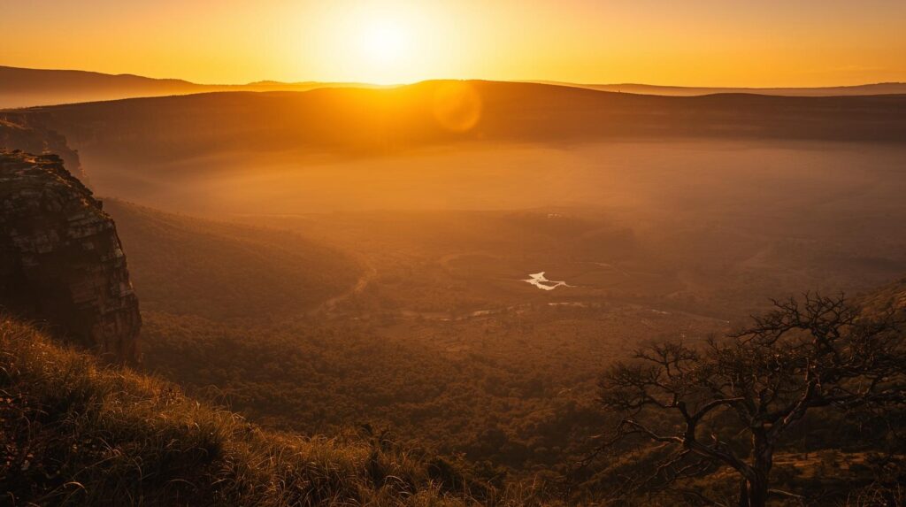 Sunrise over Ngorongoro Crater floor surrounded by volcanic caldera walls in Tanzania